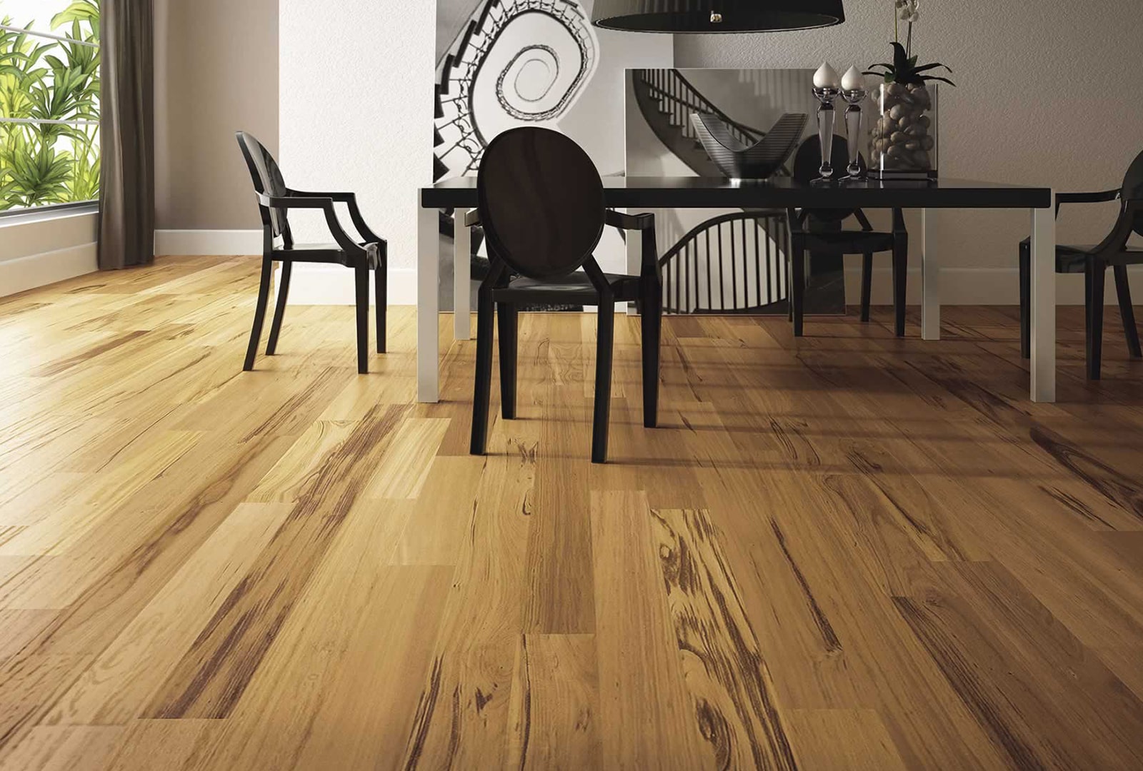 A wooden floor with an aesthetic table setup.