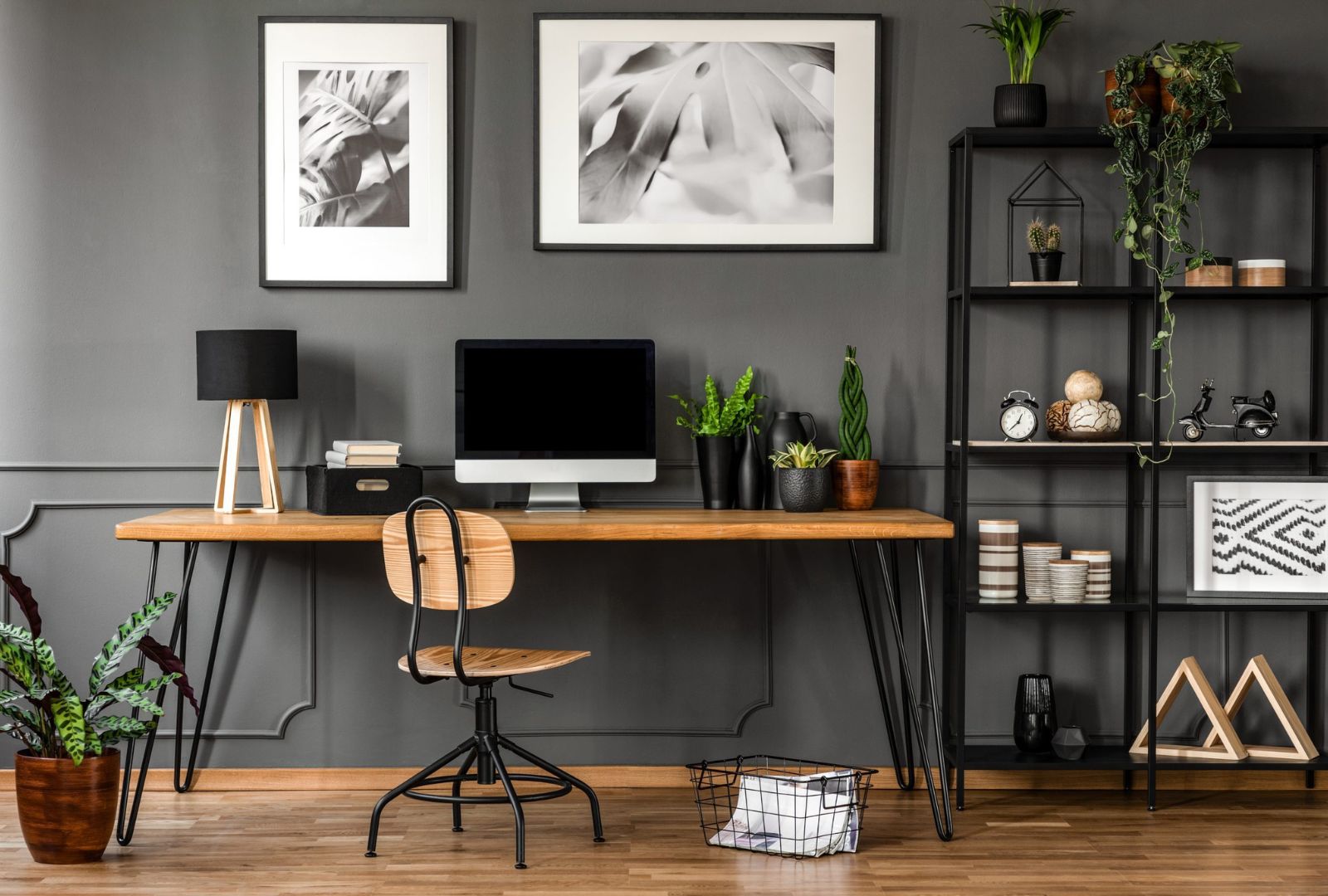 Posters and plants in natural home office