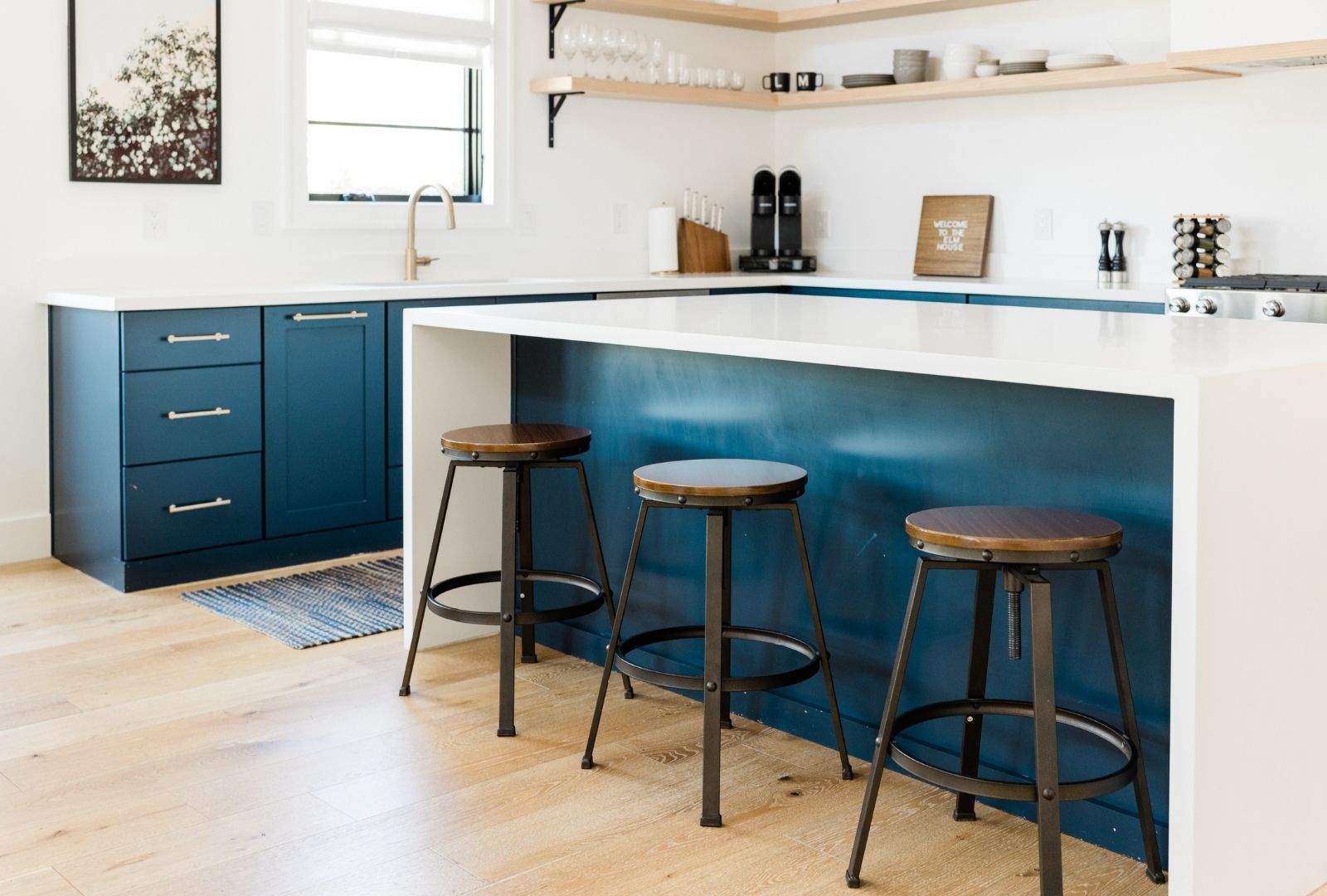 A wooden chair and kitchen counter on a standard bench height.
