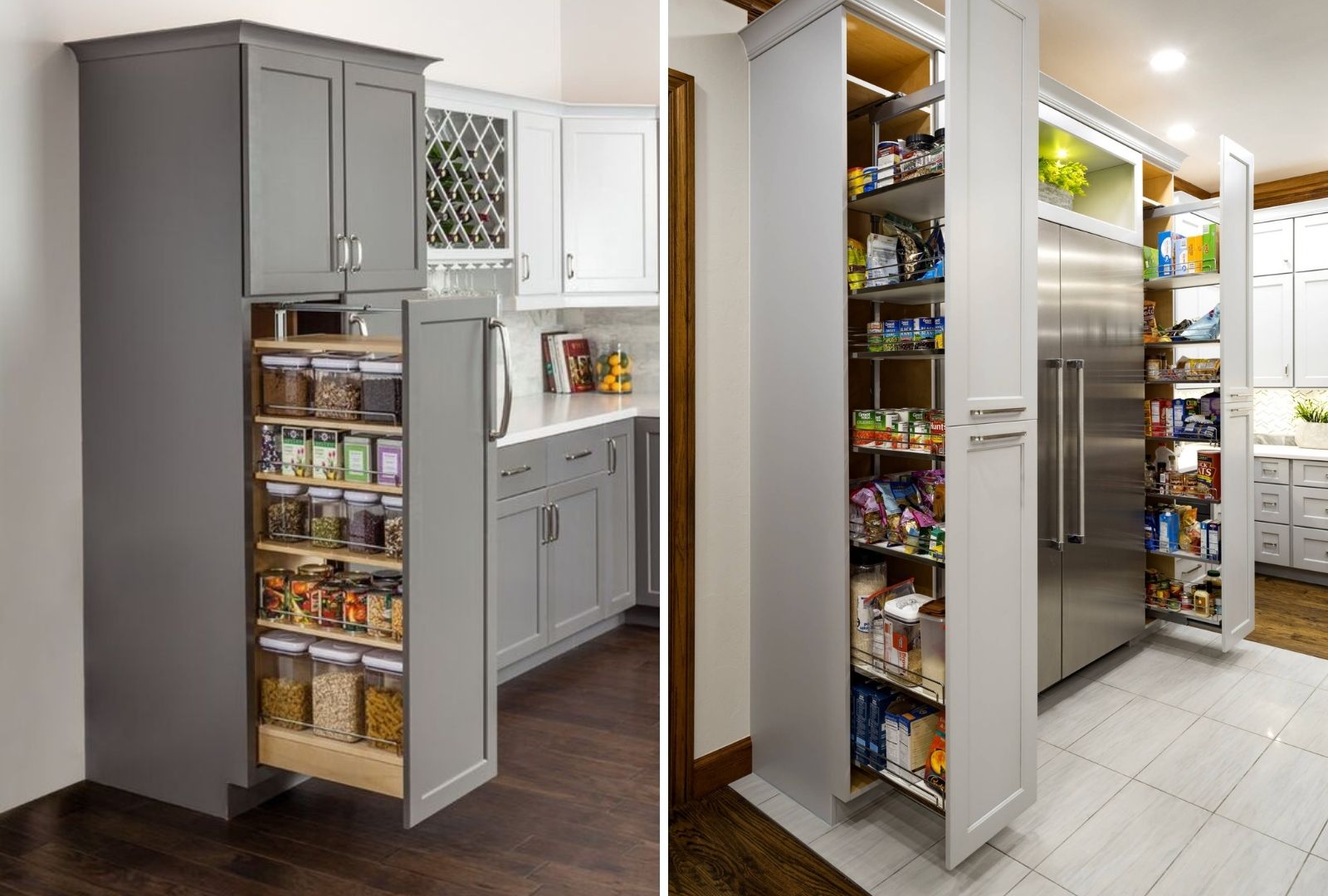 A pull-out pantry filled with groceries.
