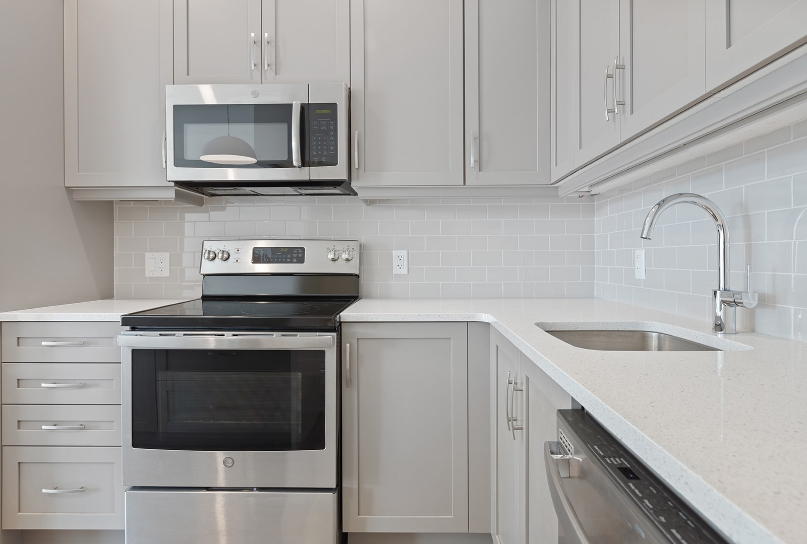 An L-shaped kitchen layout. 