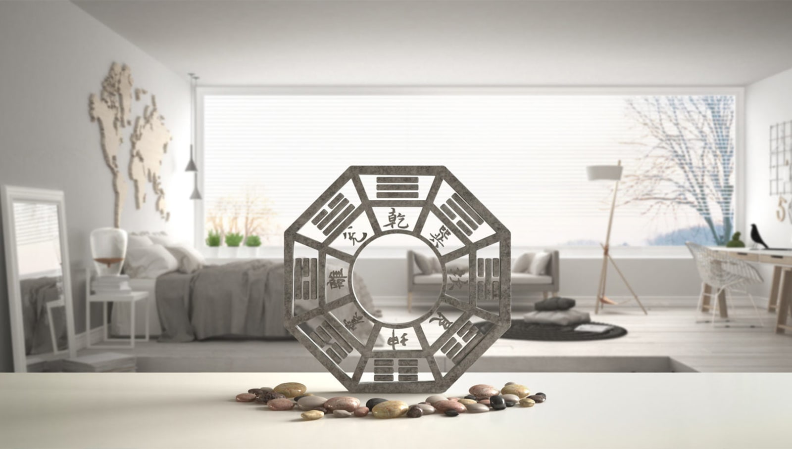 A white bedroom space with bagua.