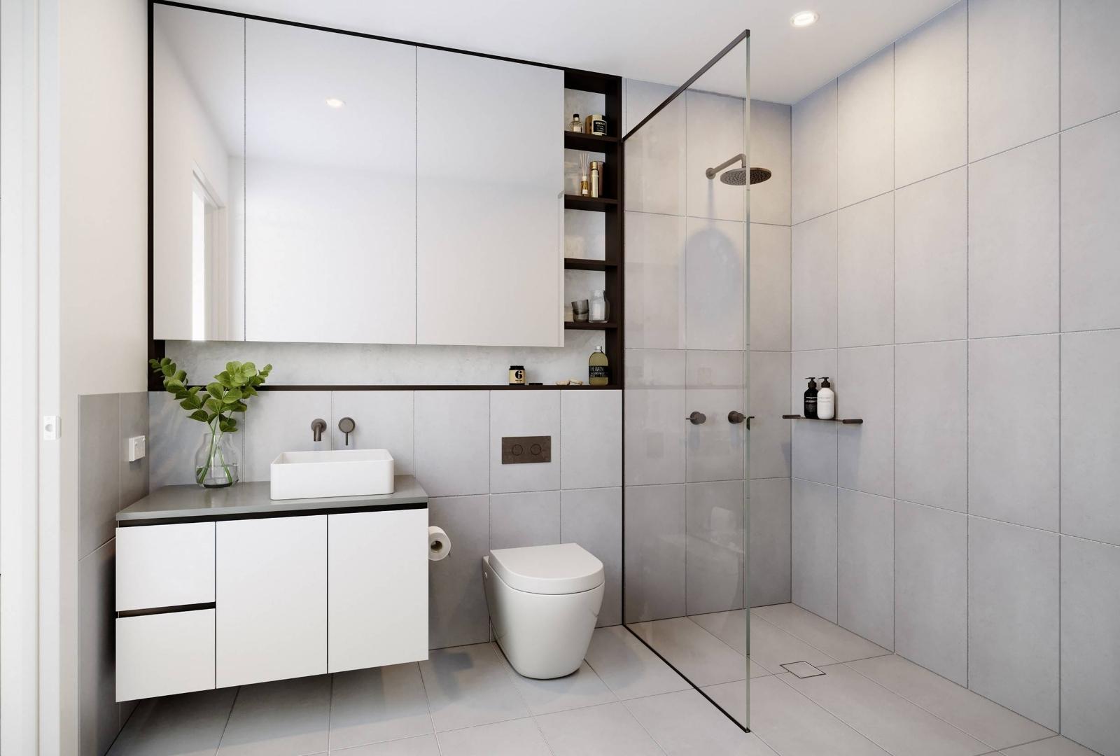 Modern open shower idea white laminated vanity with white & square.