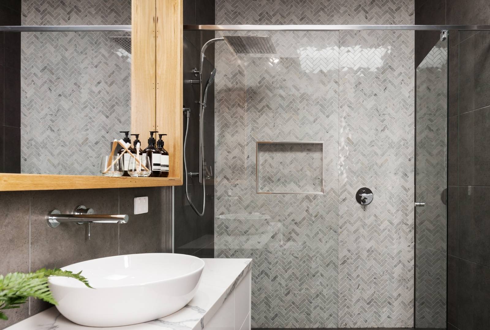 Marble Mosaic Herringbone Tiled Shower