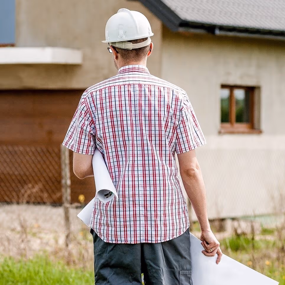 Eine Person mit Helm und Bauunterlagen vor einem Haus