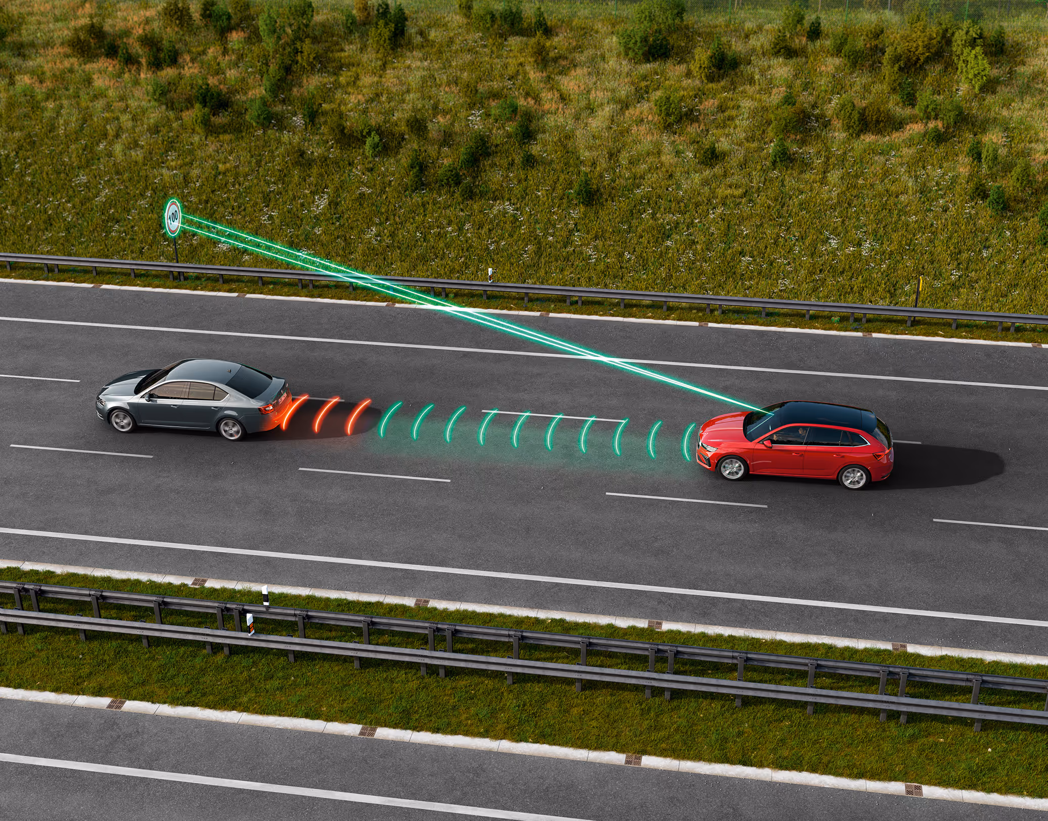 Animation des adaptiven Abstandsassistenten: Ein roter Škoda Scala hält automatisch einen sicheren Abstand zum vorausfahrenden Fahrzeug auf der Autobahn. Zwei grafische Linien deuten die automatische Verkehrszeichenerkennung eines “Tempo 100” Schildes an.