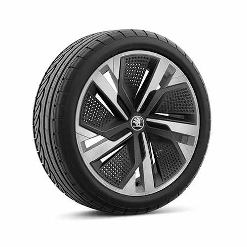 Ein freigestellter Reifen mit 18 Zoll Leichtmetallfelge “Ursa silber mit schwarzen Aeroblenden”.