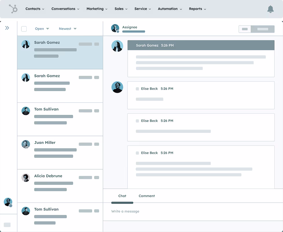 User interface of a messaging platform showing a contact list on the left and a chat conversation with messages from Sarah Gomez and Elise Beck on the right.