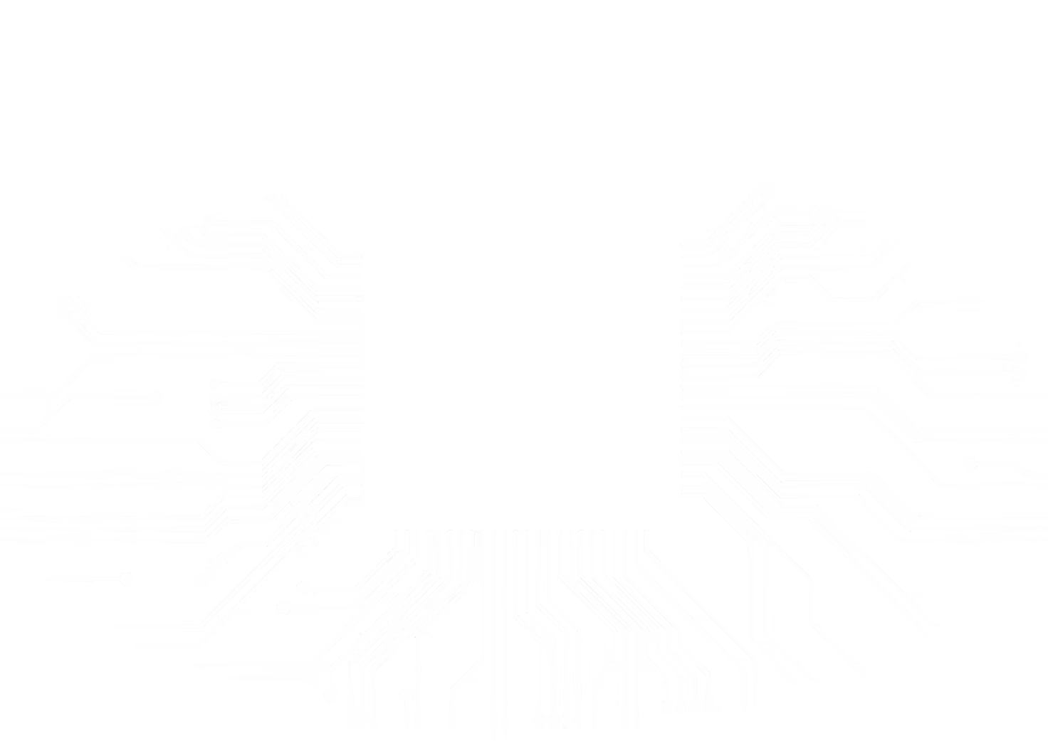 White circuit board lines radiating outward symmetrically from a central black square chip on a transparent background.