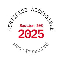 Seal with text certified accessible, Section 508, 2025, and parccetly.com in a circular layout.