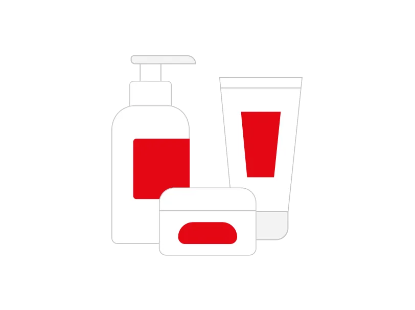 Three white cosmetic containers with red labels including a pump bottle, a squeeze tube, and a small jar.
