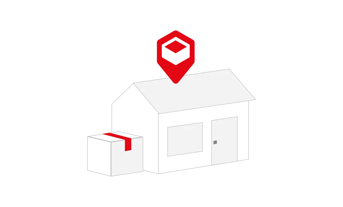 White house with a package outside and a red location pin featuring a box icon above the roof.