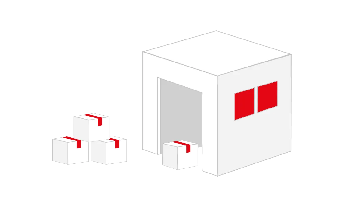 White warehouse building with red windows and five white boxes with red tape stacked beside and entering it.
