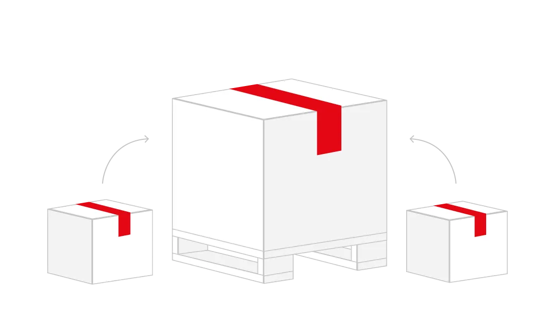 Illustration of one large pallet box in the center with two smaller boxes on each side and arrows indicating the large box can be split into smaller boxes.