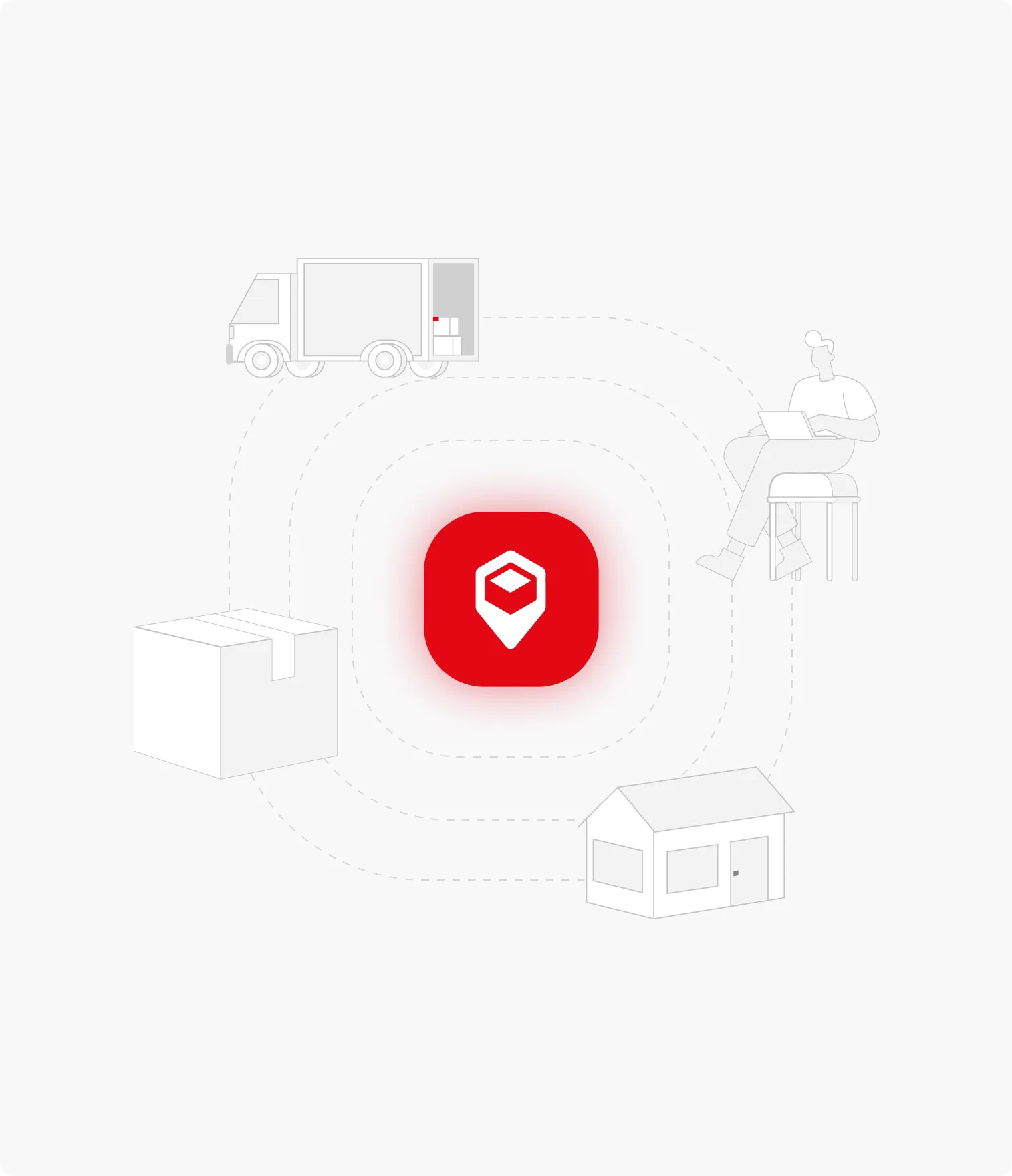 Red app icon with a white location marker containing a box, surrounded by illustrations of a delivery truck, a package, a house, and a person using a laptop.