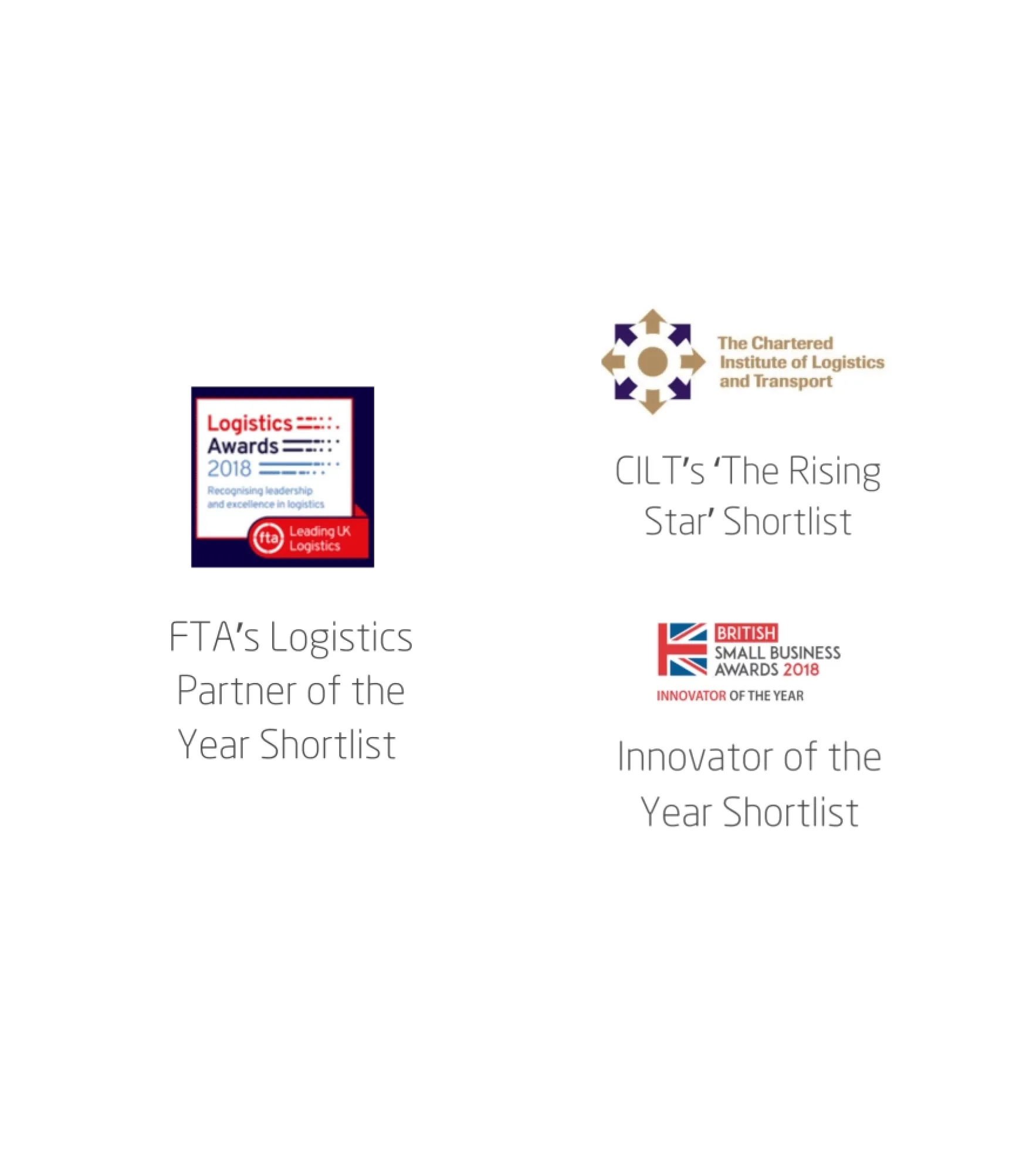 Three award logos with texts: FTA’s Logistics Partner of the Year Shortlist 2018, CILT’s ‘The Rising Star’ Shortlist, and British Small Business Awards 2018 Innovator of the Year Shortlist.