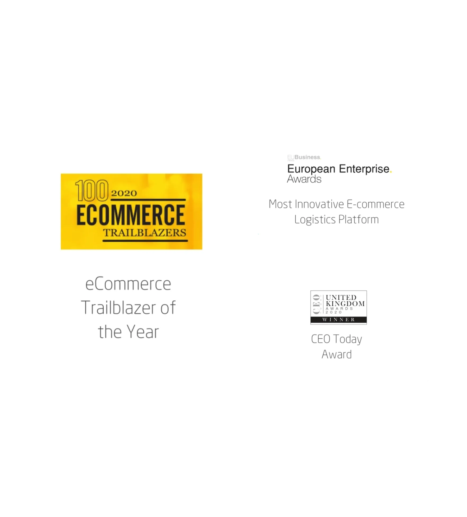Three award badges: 2020 eCommerce Trailblazers eCommerce Trailblazer of the Year, European Enterprise Awards for Most Innovative E-commerce Logistics Platform, and CEO Today Award winner United Kingdom Awards 2020.