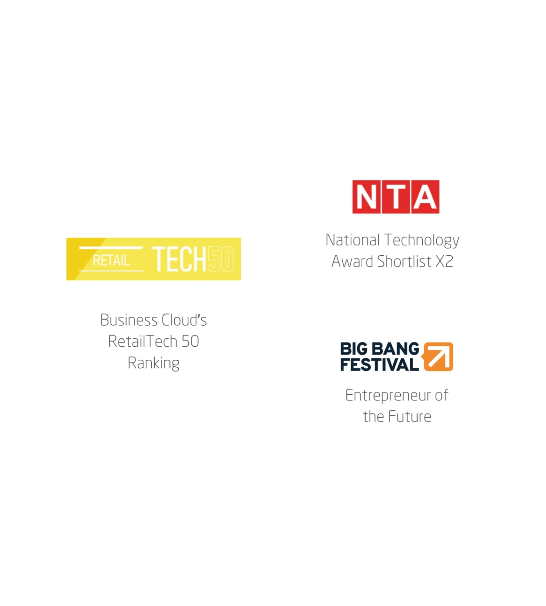 Business Cloud’s RetailTech 50 Ranking, National Technology Award Shortlist X2, and Big Bang Festival Entrepreneur of the Future logos and texts.