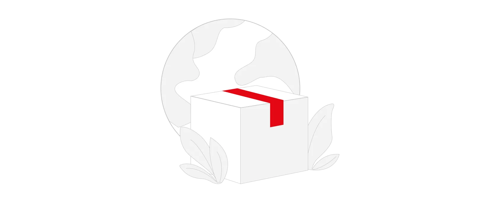White delivery box with a red stripe in front of a stylized globe and decorative leaves.