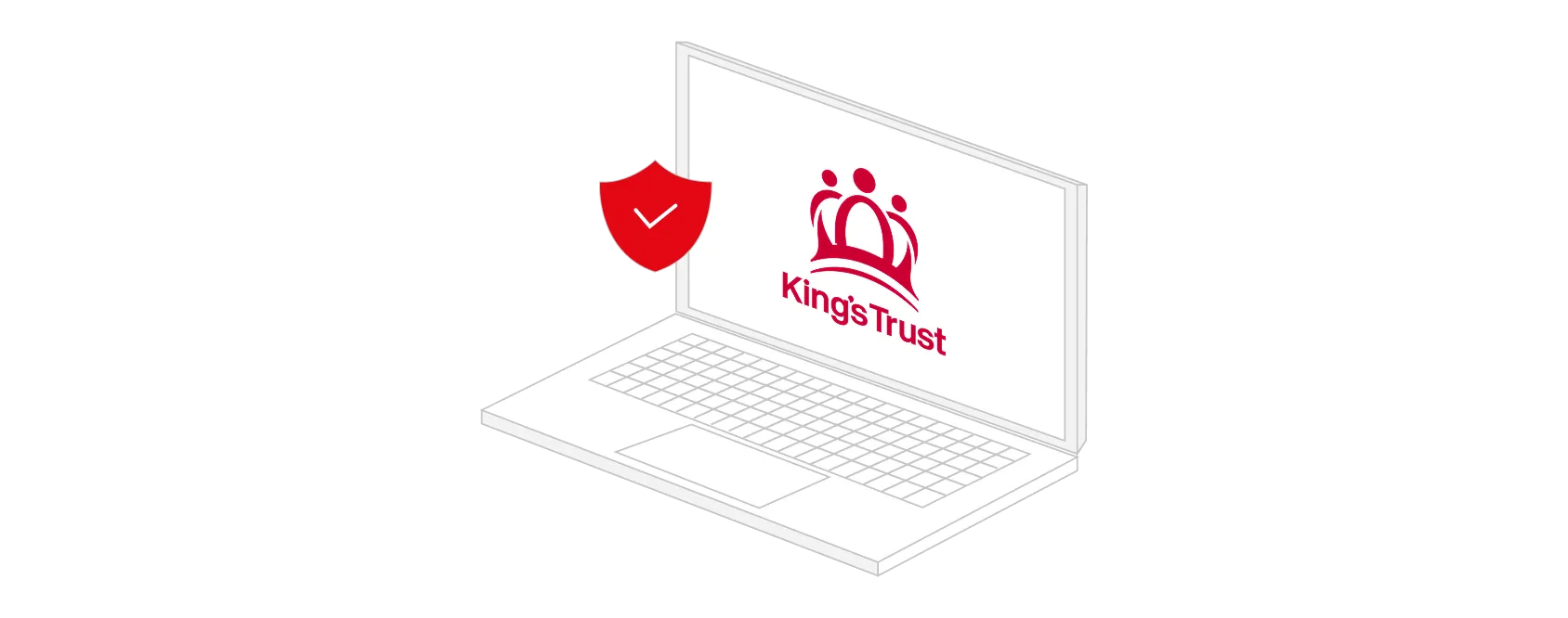 Isometric illustration of an open laptop with a red shield and white checkmark icon indicating security or protection.