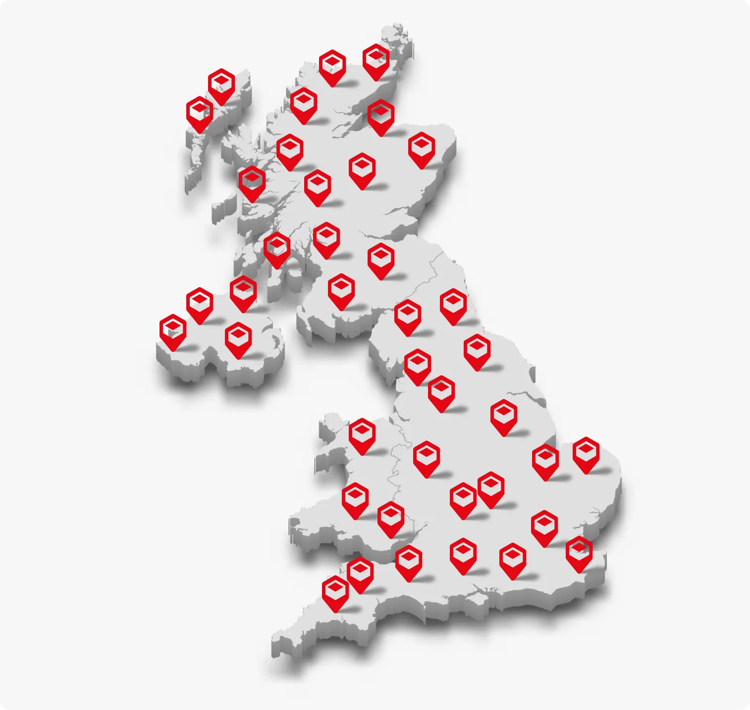 3D map of the United Kingdom marked with multiple red location pins indicating various points across the country.