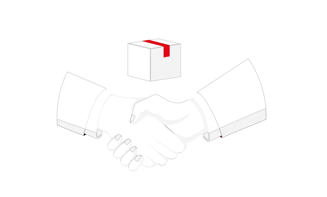Two hands shaking below a small white box with red tape symbolizing a business agreement involving a package or delivery.