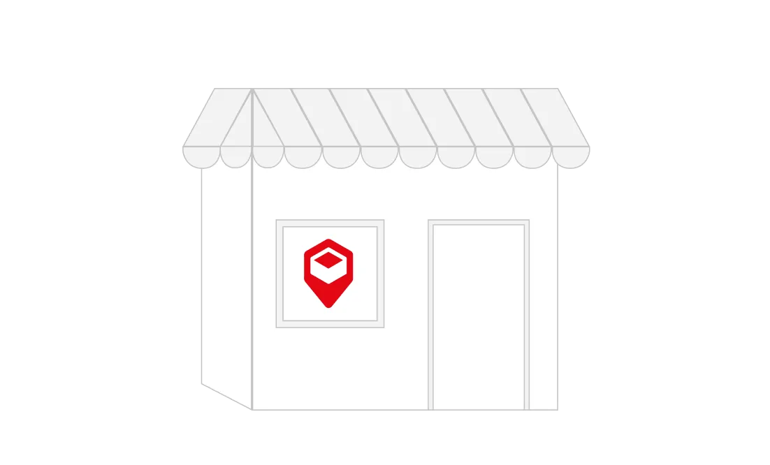 Illustration of a small white storefront with a gray striped awning and a red location pin logo on the window.