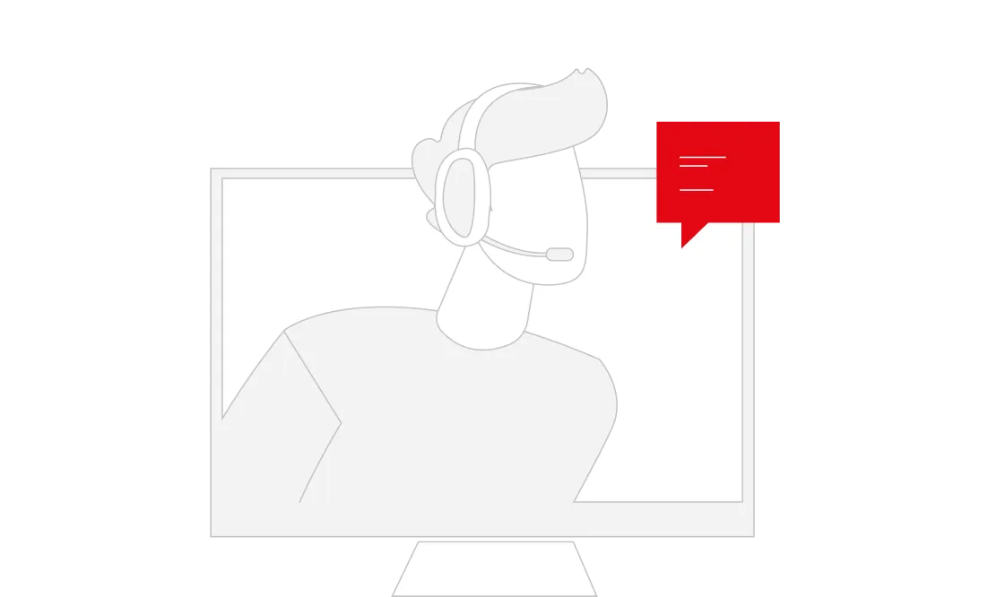 Illustration of a faceless person wearing a headset with microphone, shown on a computer monitor with a red speech bubble indicating communication.