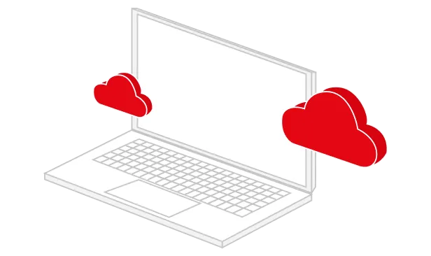 Isometric illustration of an open laptop with two red cloud icons on either side.