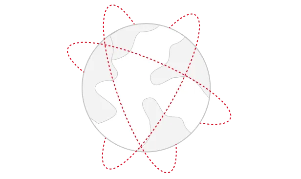 Abstract globe with three red dashed elliptical orbits around it on a transparent background.