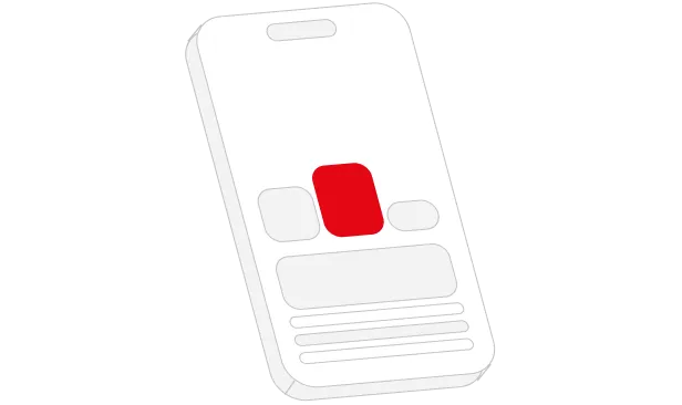 Stylized illustration of a smartphone showing a simplified app interface with a prominent red square button in the center.