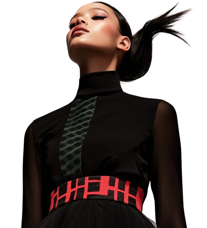 Fashionable woman in a black and red dress