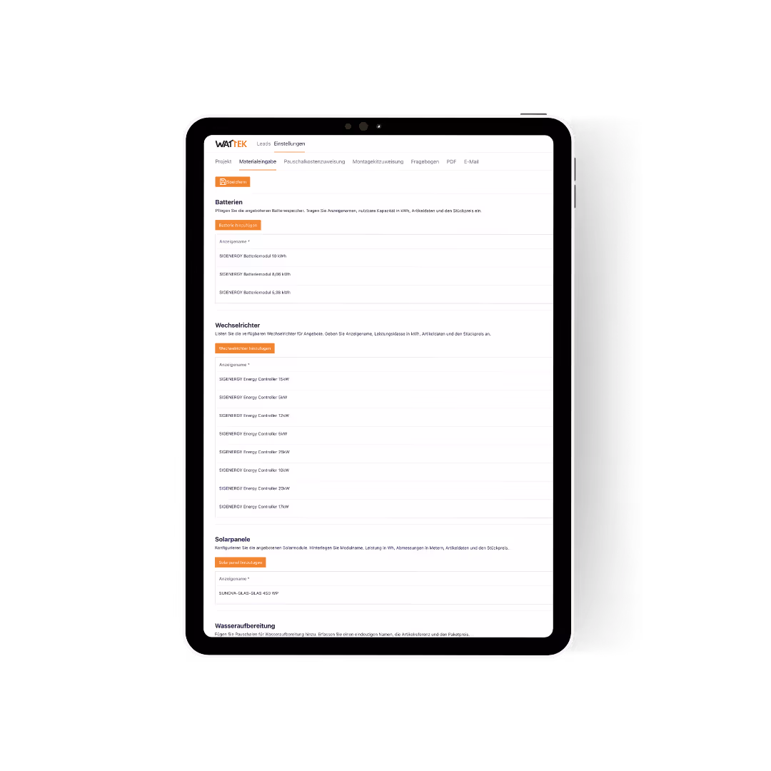 wattek admin page displayed on tablet