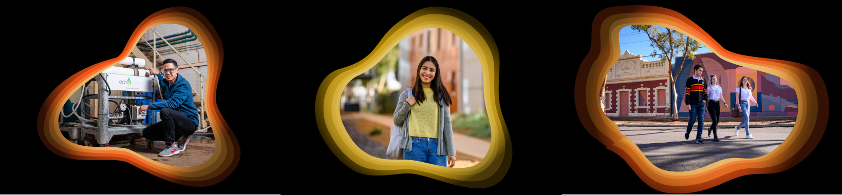 Three photos of people in orange-bordered shapes, each engaged in different activities.