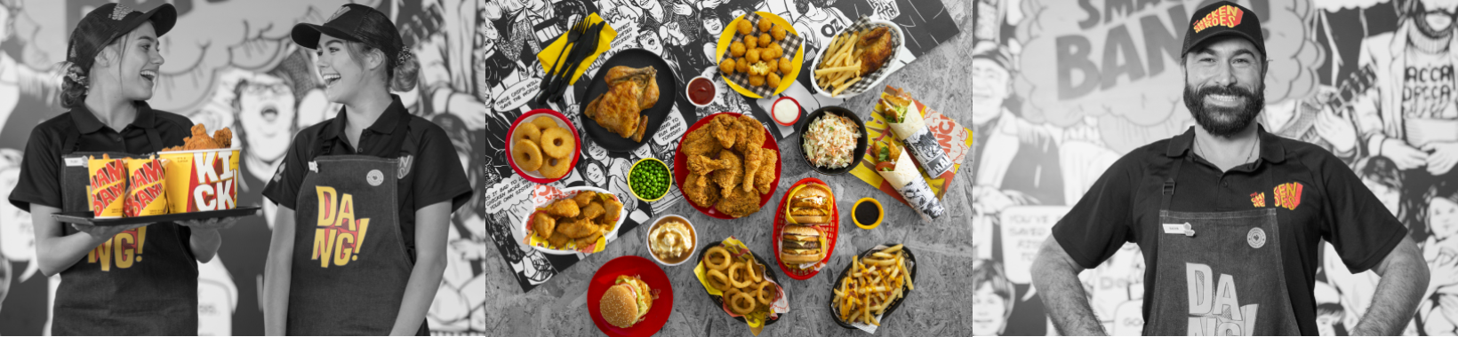 A photo of workers in a fast food restaurant and foods.