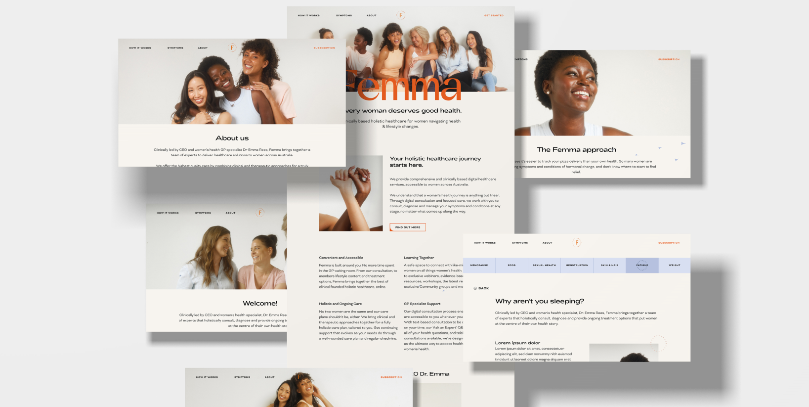 Website mockups with women promoting healthcare services in various friendly poses.