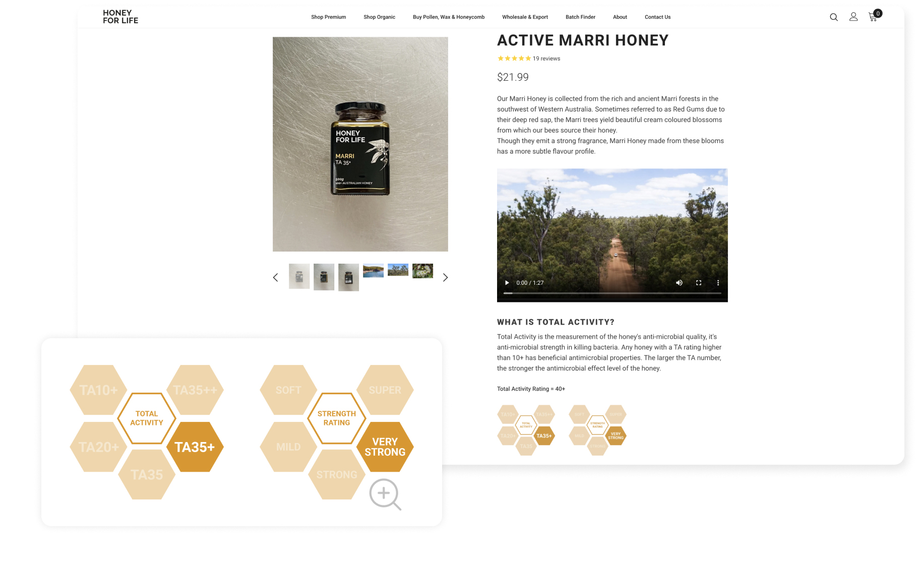 A product page showing Marri honey with a detailed strength rating and antimicrobial info.