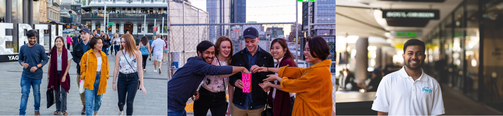 A Collage photo of different people smiling on the camera.