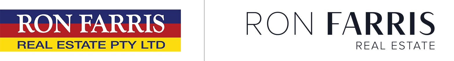 Two logos of Ron Farris Real Estate; one colored and the other in black and white.