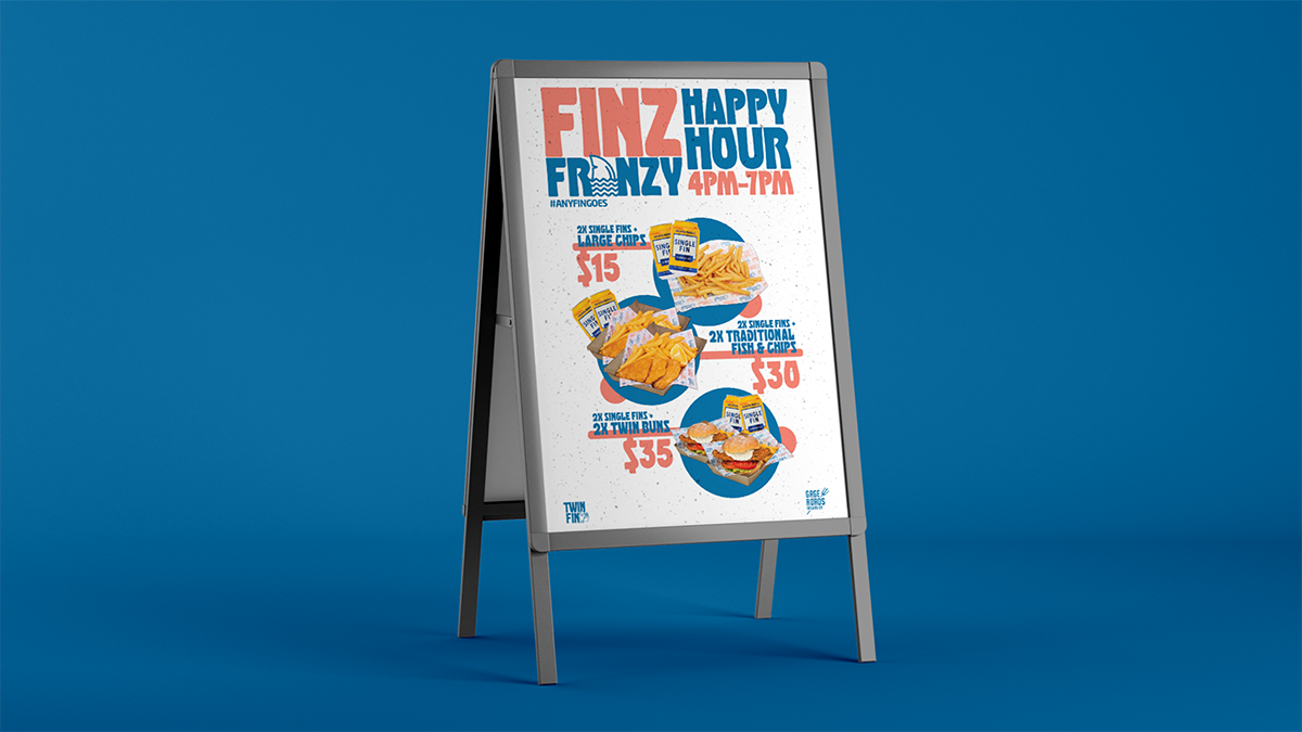 A happy hour promotion sign featuring meal combos with prices from $15 to $35.