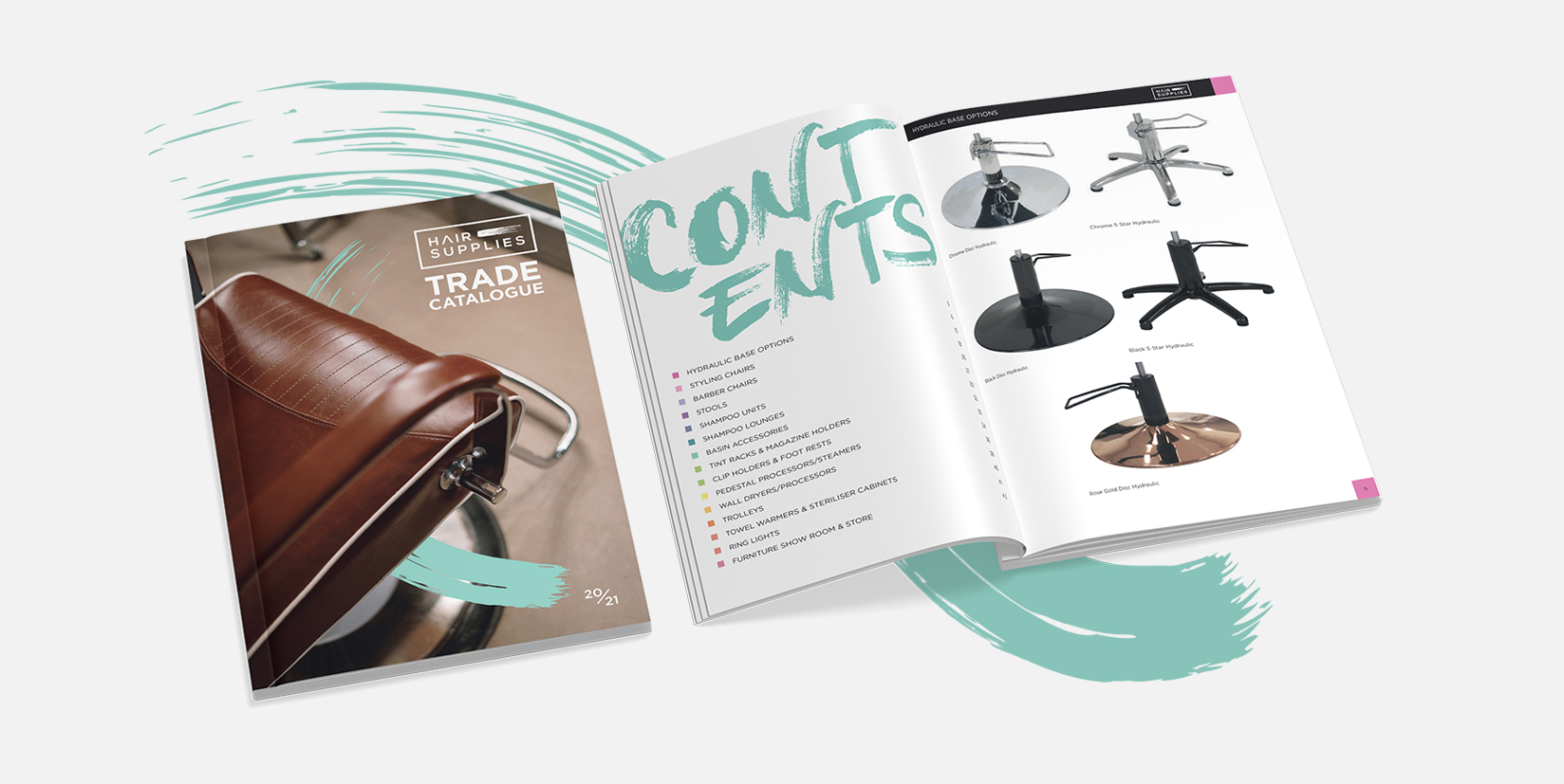Trade catalogue for hair supplies, featuring a barber chair and lists product categories.