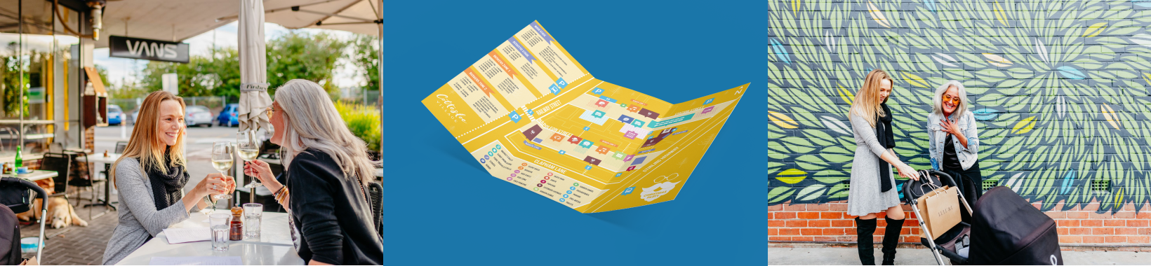 A collage/footer design with two women conversing and an image of a map.