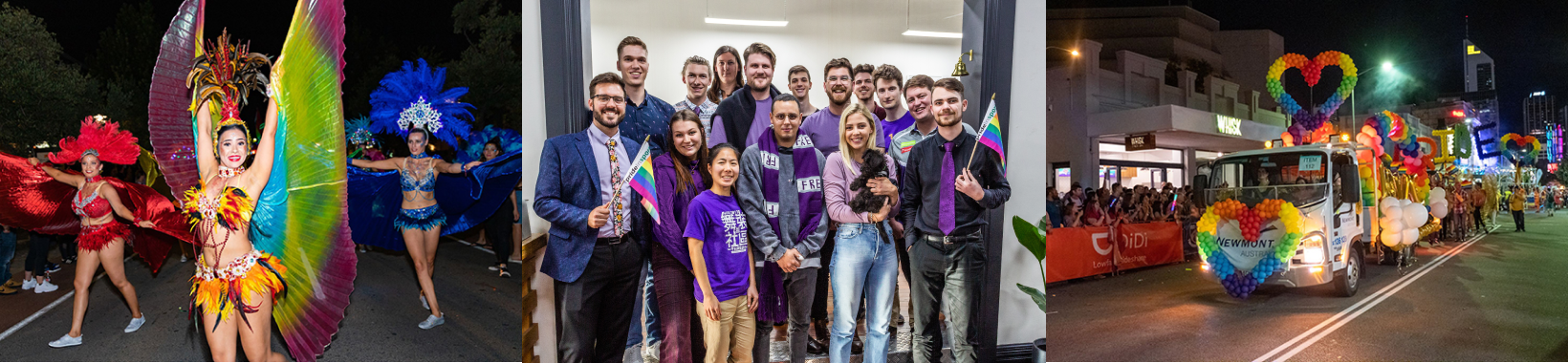 A collage  photo of people participating in the pride parade.