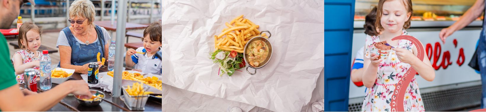 A collage with each scene captures different aspects of a meal.