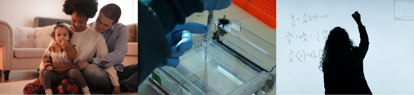 A collage photo of a family, Doctor doing laboratory work, and woman's shadow solving.
