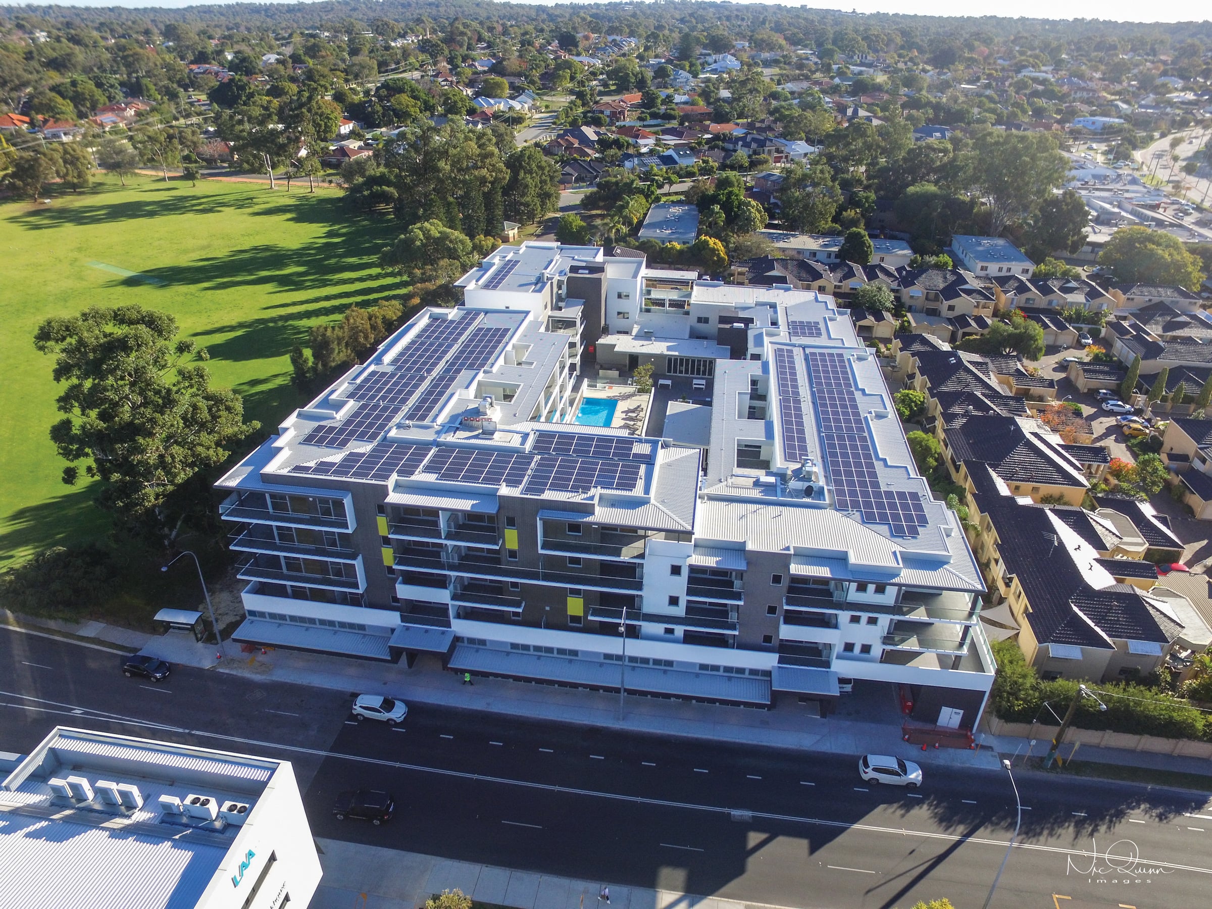 An image of solar panels in a commercial building.