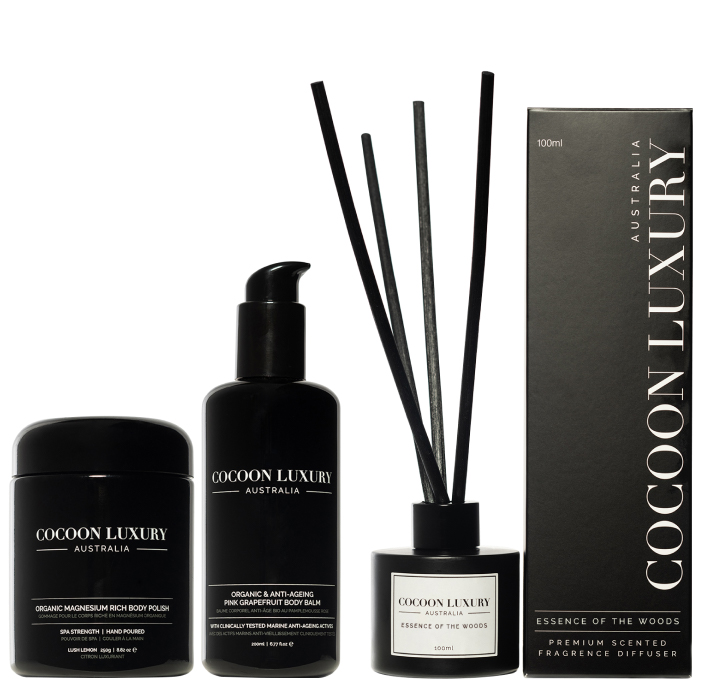 Cocoon Luxury brand beauty products, including body polish, body balm, and fragrance diffuser.
