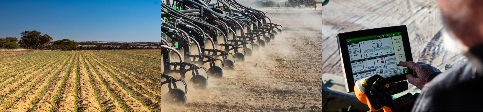 A collage/footer image featuring a machine used in farming.