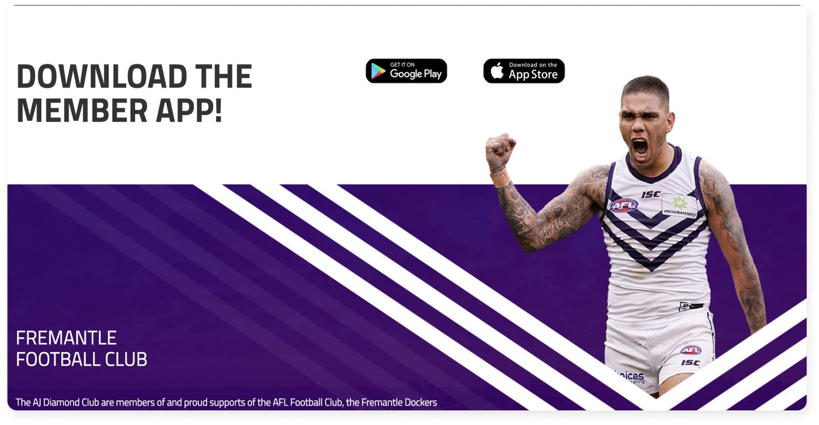 Fremantle Football Club player in white and purple text with 'DOWNLOAD THE MEMBER APP!' icons.