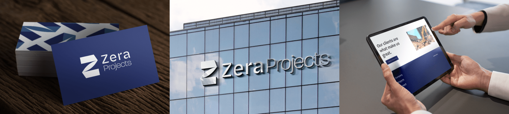 "Zera Projects" logo appears on business cards, a glass building, and a tablet.